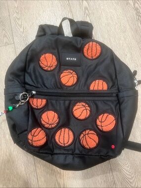 STATE Black Kids Backpack with Orange Basketball Patches